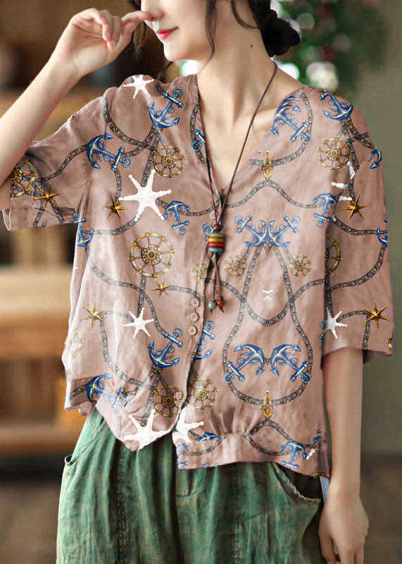 Italian Pink Flowers V Neck Print Button Linen Top Half Sleeve