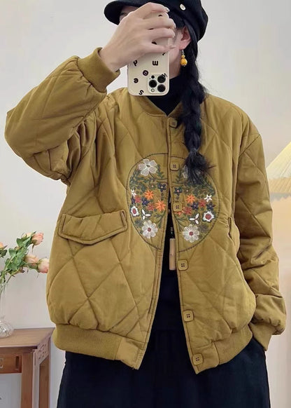 Yellow Embroidered Pockets Fine Cotton Filled Coats Spring