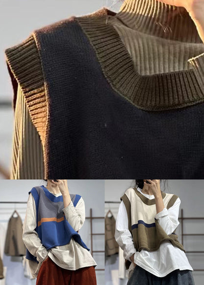 Beige O Neck Patchwork Cotton Knit Waistcoat Sleeveless