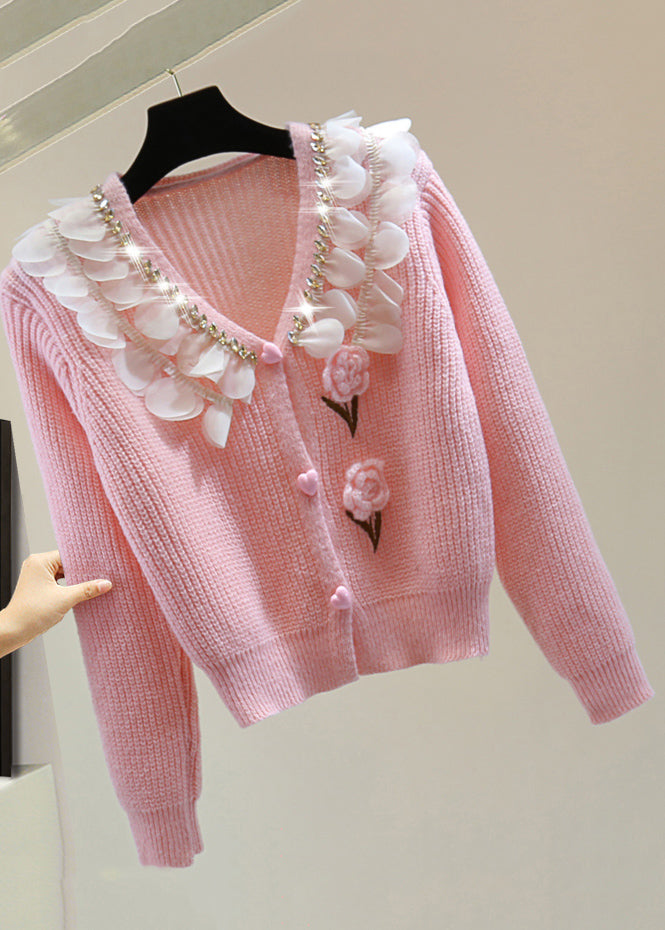 Pink Zippered Patchwork Cotton Knit Sweater Winter