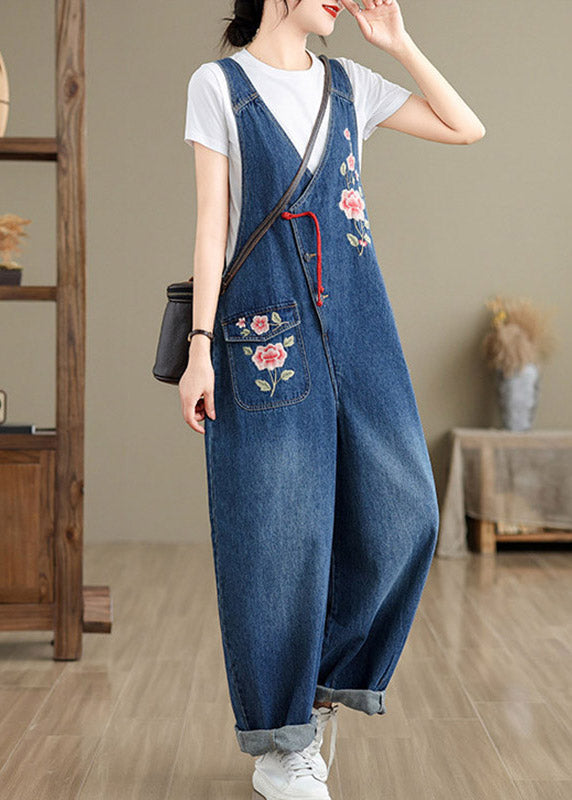 Boutique Blue V Neck Asymmetrical Pockets Denim Jumpsuit Summer