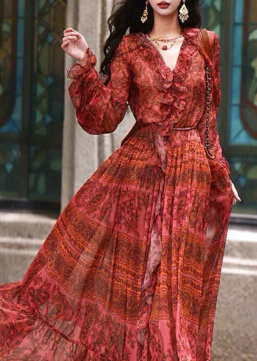 Red V Neck Ruffled Print Silk Robe Dresses Spring