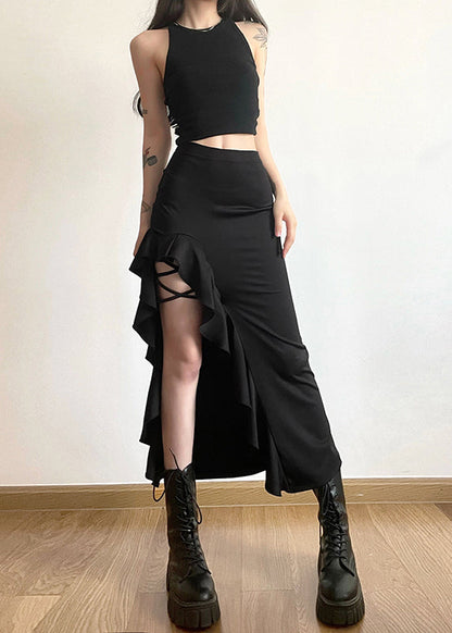 Black Ruffled Patchwor Side Open Fishtail Skirt Summer
