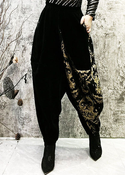 Black Embroidered Pockets Patchwork Corduroy Lantern Pants Spring