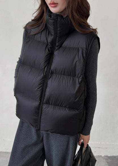Black Drawstring Duck Down Winter Waistcoat Zip Up