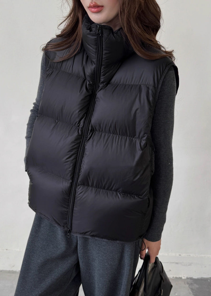 Black Drawstring Duck Down Winter Waistcoat Zip Up