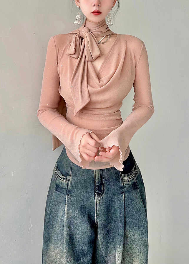 Pink V Neck Tulle T Shirts Fall