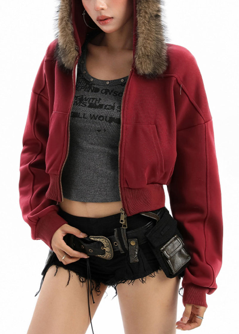 Red Zip Up Patchwork Faux Fur Hooded Coat Winter