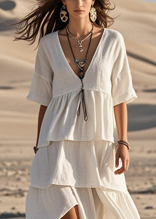 White Asymmetrical Design Cotton Long Dress Summer