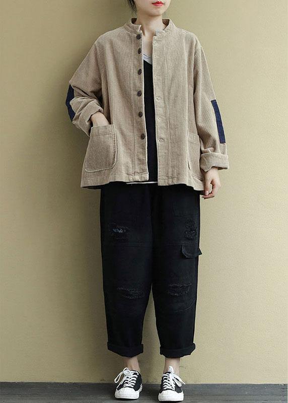 Khaki Button Patchwork Pockets Fall Long Sleeve Top