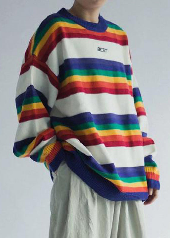 White Striped Cozy Knit Sweaters O Neck Winter