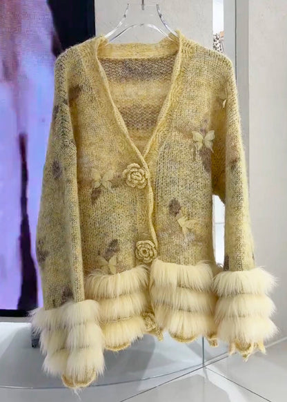 Yellow Fur Cotton Knit Cardigans Spring