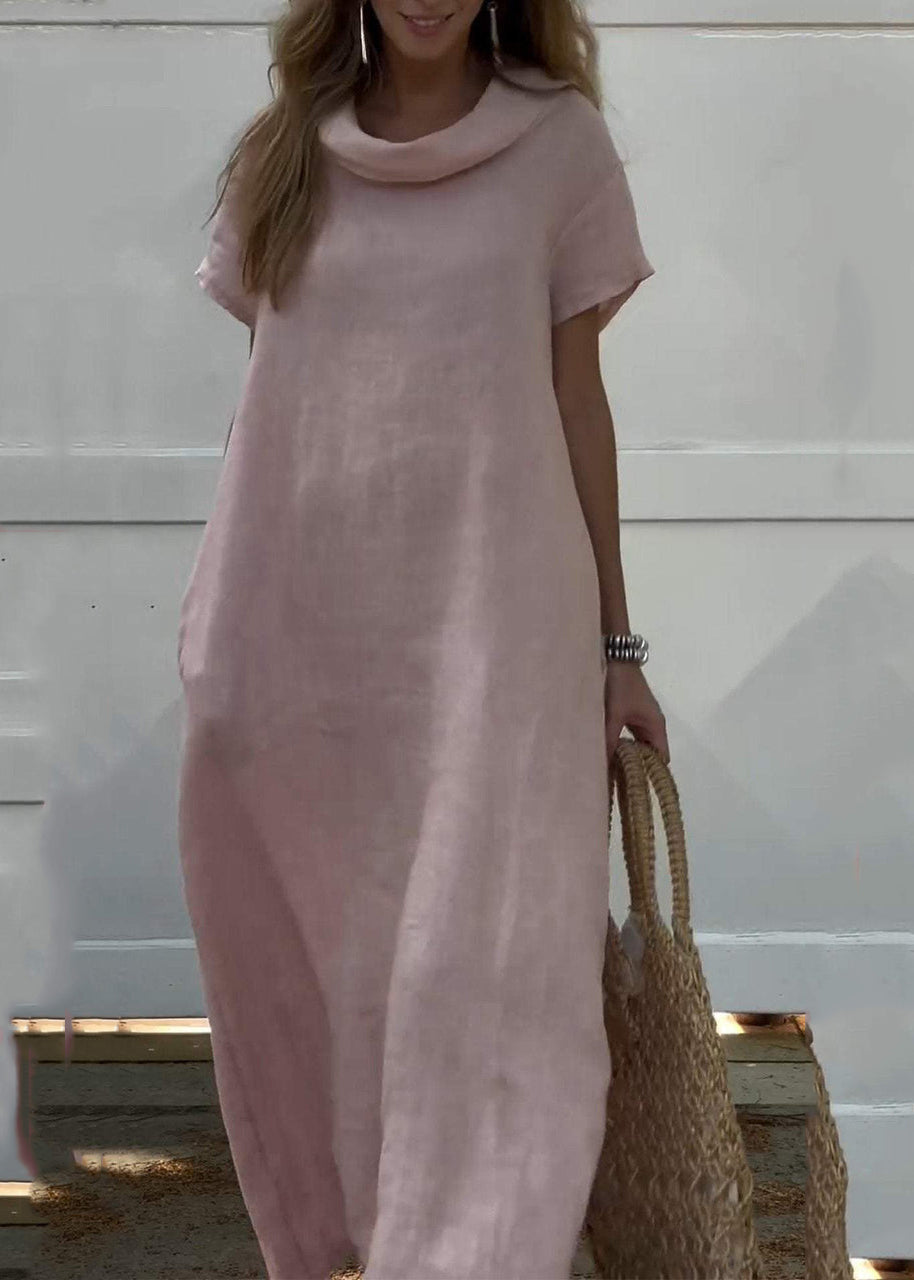 Pink Turtle Neck Patchwork Vacation Long Dresses Summer