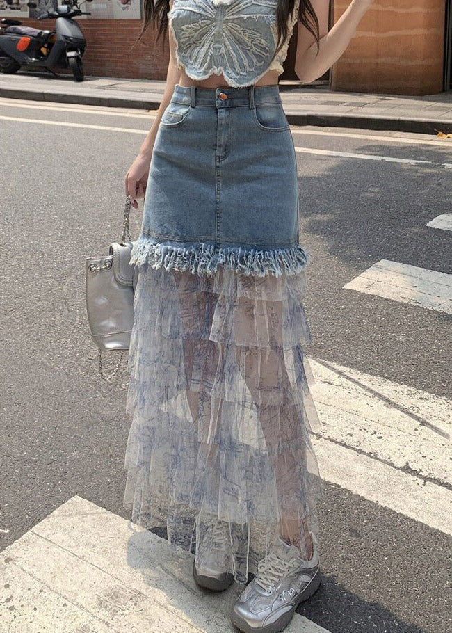 Blue Denim Patchwork Tulle Maxi Cake Skirts Summer