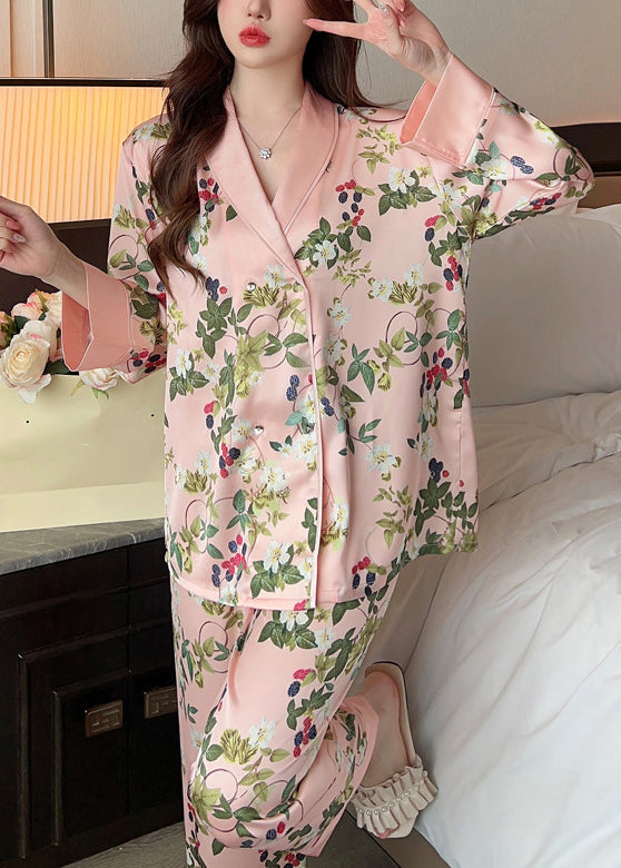 Pink Peter Pan Collar Print Ice Silk Pajamas Two Pieces Set Spring