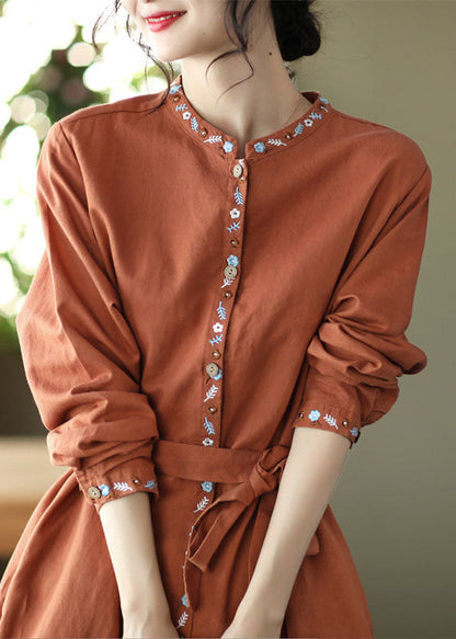 Handmade Orange Stand Collar Embroidered Linen Vacation Dresses Long Sleeve