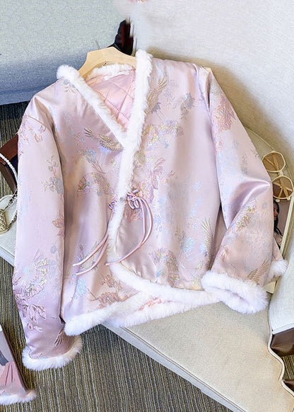 Pink Fur Collar Chinese Button Thick Parkaer Winter