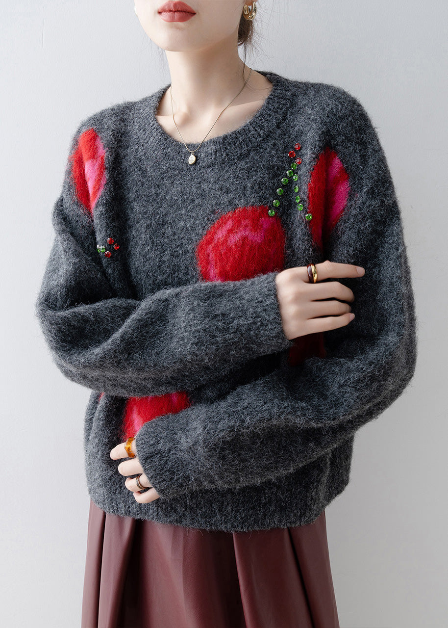 Grey O Neck Zircon Knit Sweaters Spring