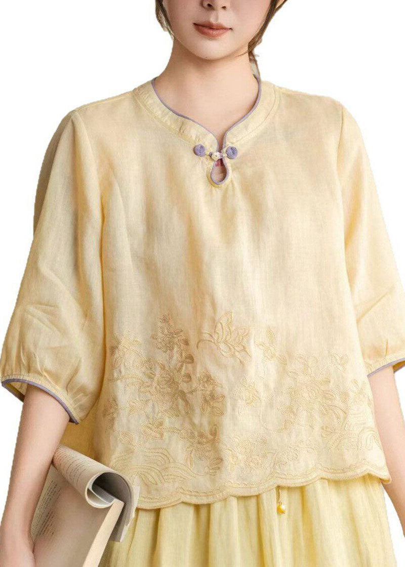 Orange Stand Collar Embroidered Linen Shirt Summer