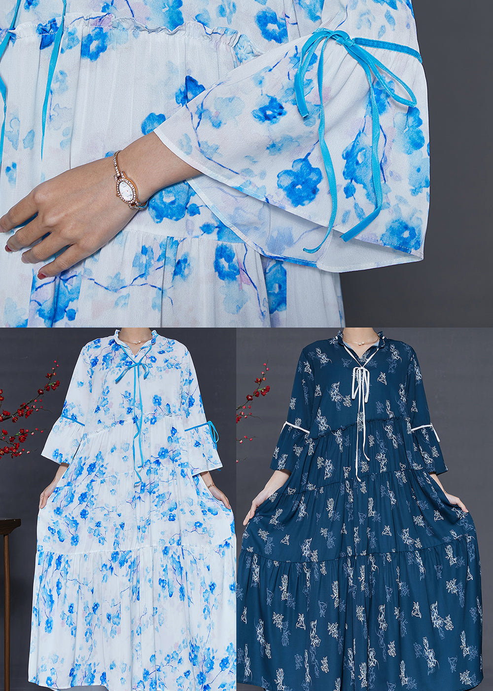 Navy Print Cotton Holiday Dresses Exra Large Hem Summer
