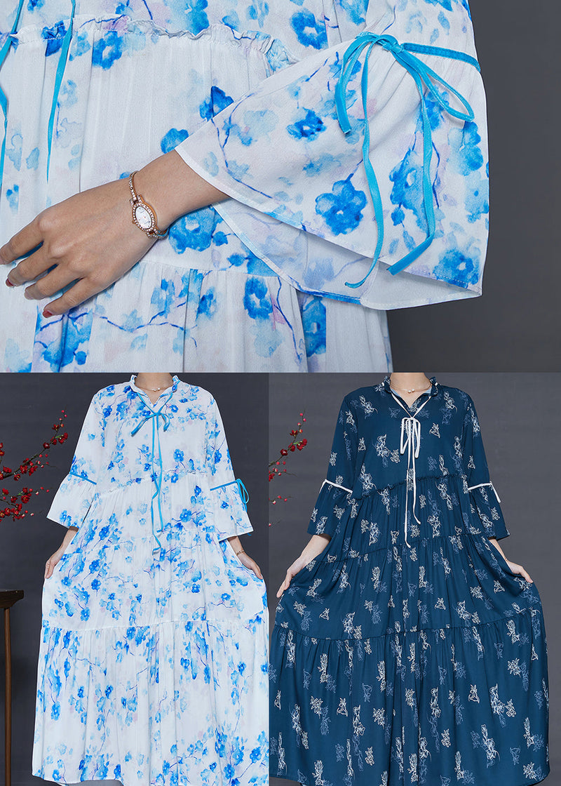 Navy Print Cotton Holiday Dresses Exra Large Hem Summer
