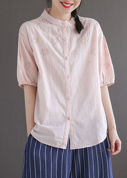 Light Blue Stand Collar Embroidered Button Cotton Shirt Half Sleeve