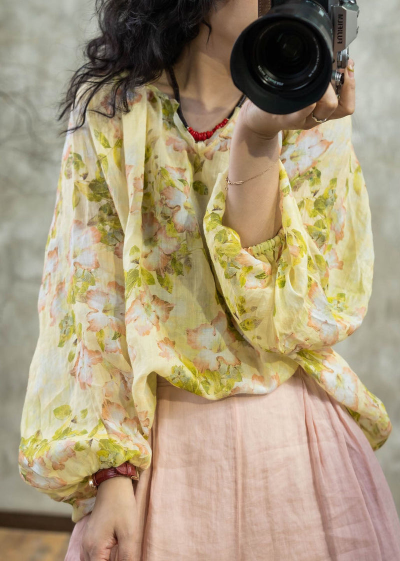 Yellow O Neck Print Linen Shirt Tops Lantern Sleeve