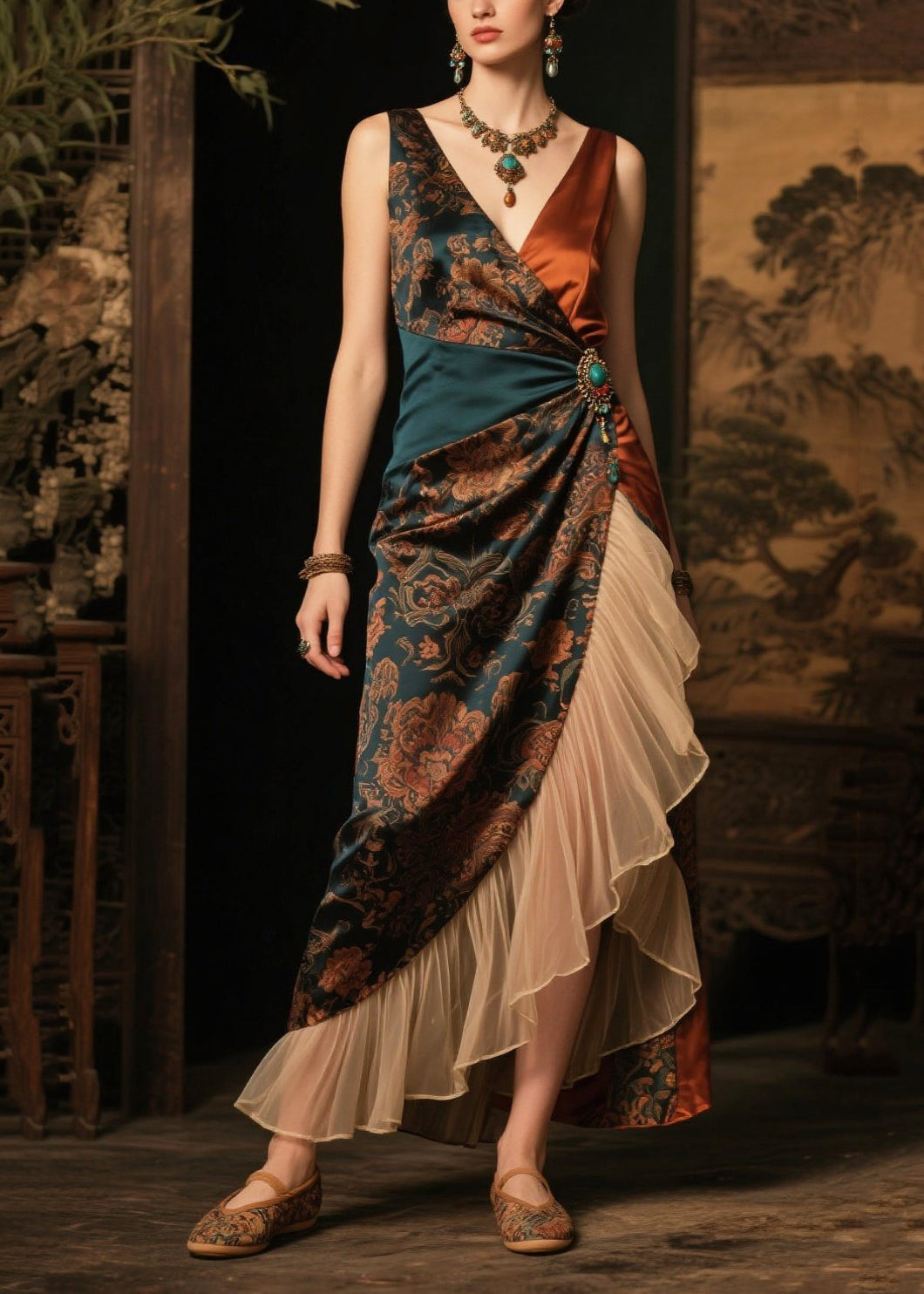 Blackish Green Ruffles Patchwork Print Silk Cami Dress Summer