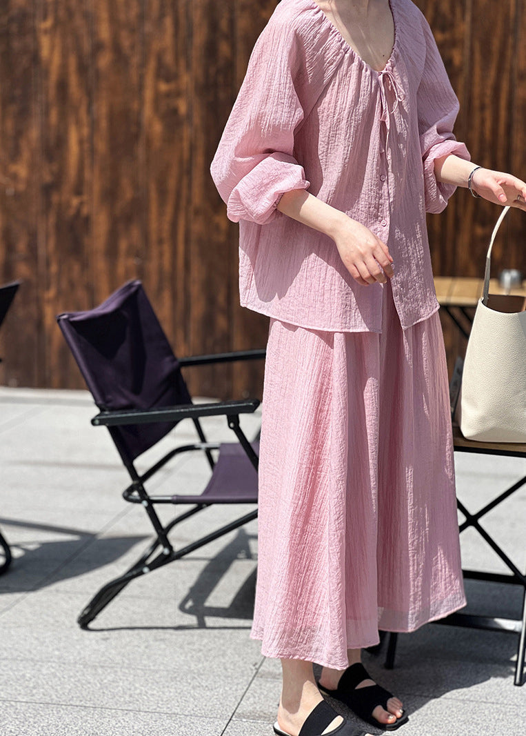 Pink Lace Up Shirt and Skirts Silk Fall Two Pieces Set Wrinkled