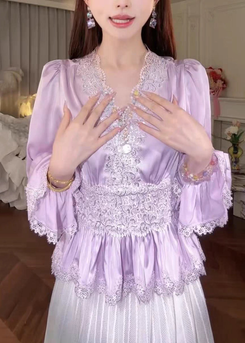 Purple Lace Patchwork Silk Blouse Tops V Neck Fall