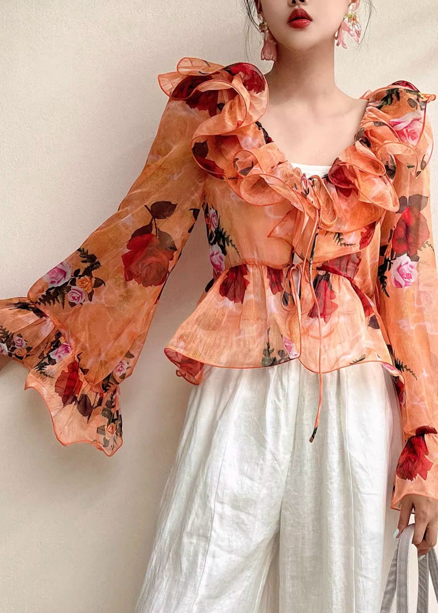 Blue Ruffled Patchwork Print Chiffon Shirt Flare Sleeve