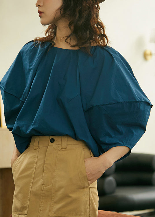 Blue O Neck Cotton Shirts Lantern Sleeve