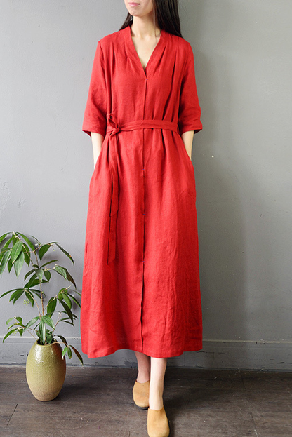 Summer Retro Linen Long Dress Loose 3/4 Sleeve Dress
