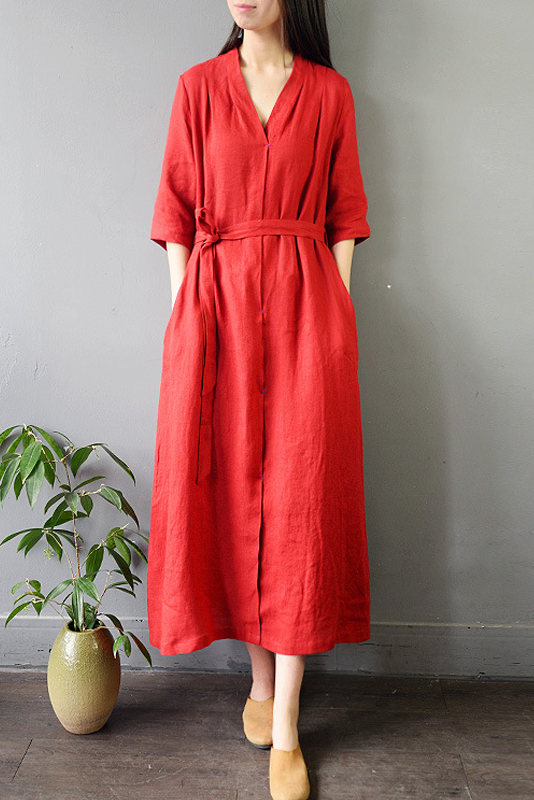 Summer Retro Linen Long Dress Loose 3/4 Sleeve Dress