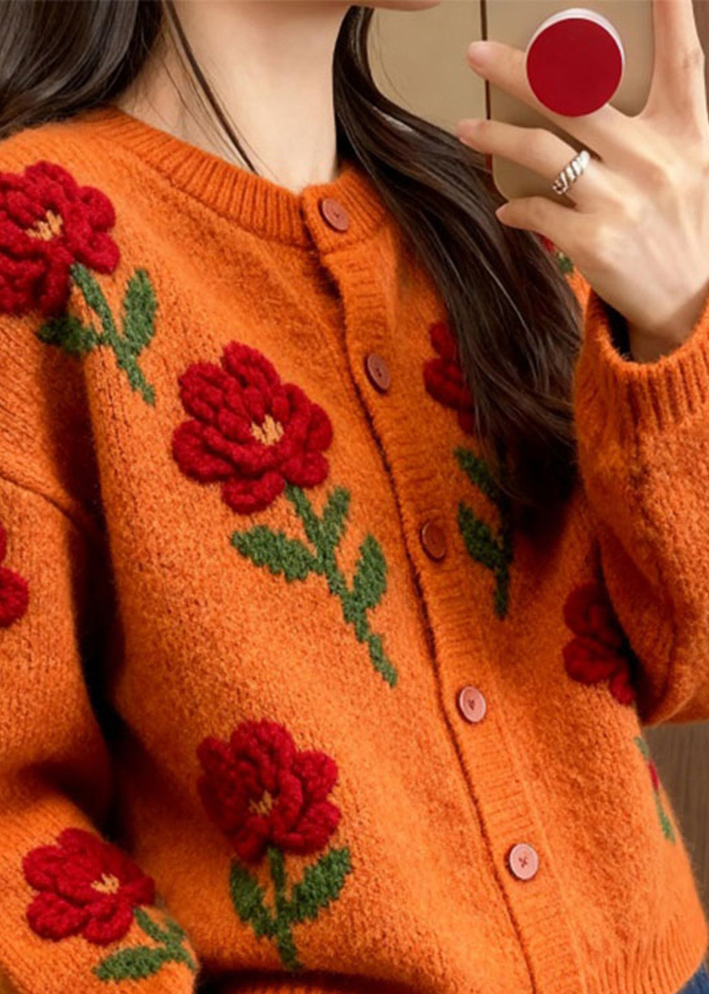 Orange O Neck Knit Loose Cardigans Fall