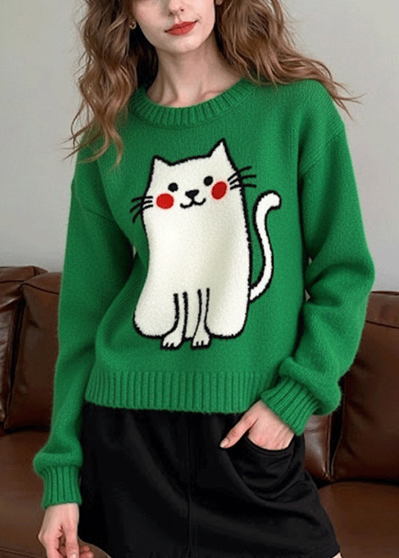 Tea Green Oversized Cat Knit Sweater Tops Winter