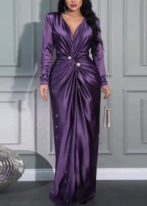 Peacock Blue V Neck Wrinkled Silk Dresses Long Sleeve