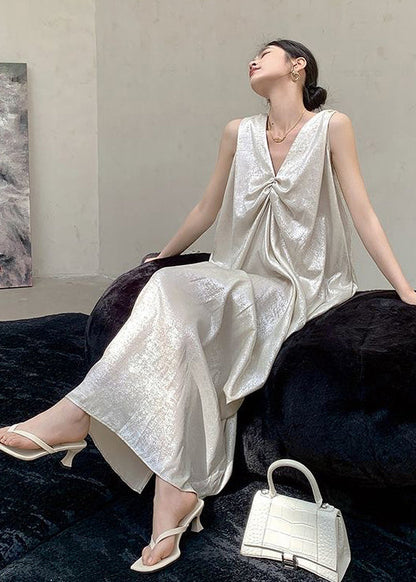 French Beige V Neck Wrinkled Silk Long Dress Sleeveless
