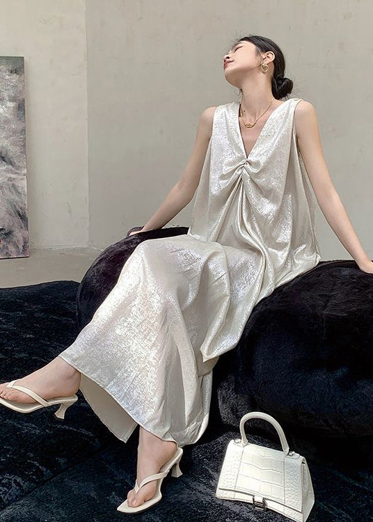 French Beige V Neck Wrinkled Silk Long Dress Sleeveless