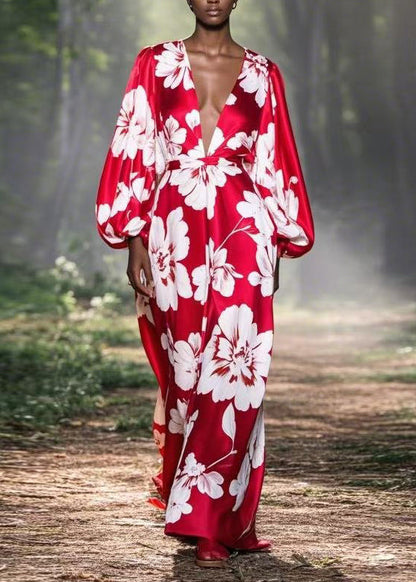 Red V Neck Print Silk Ankle Dress Spring