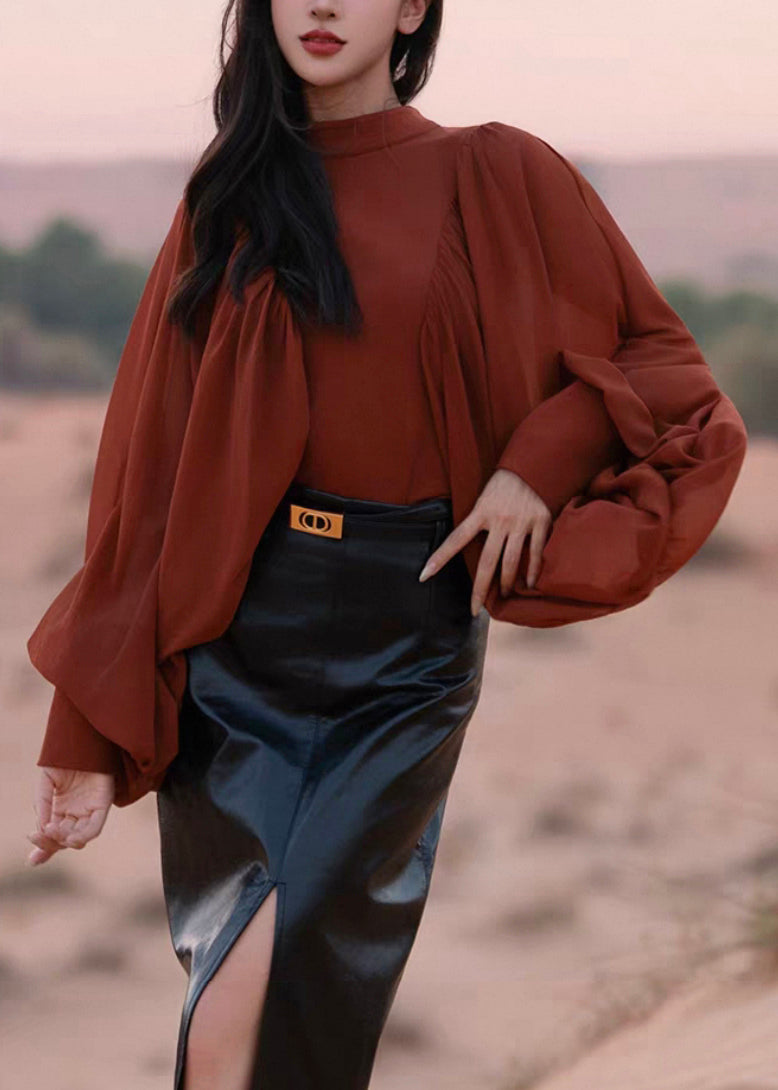 New Red Wrinkled Zippered Chiffon Patchwork Blouses Fall