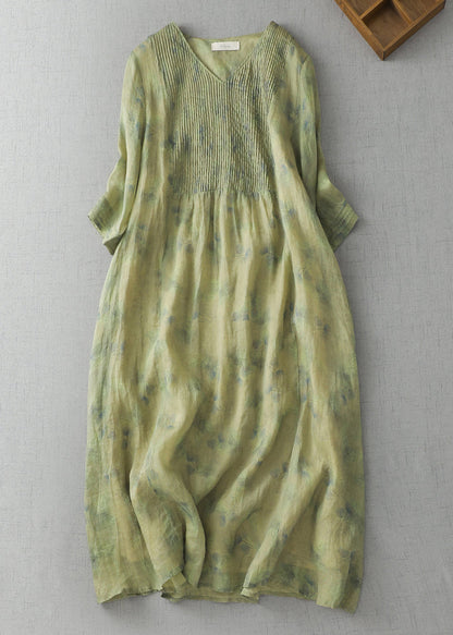 Modern Black V Neck Print Wrinkled Linen a Line Dress Summer