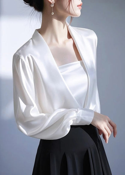 Classy White V Neck Satin Shirt Spring