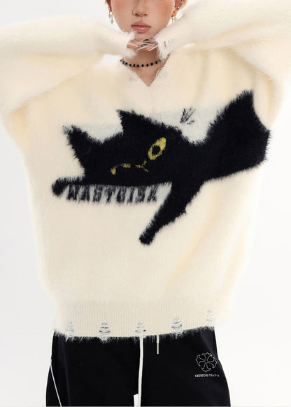 White Oversized Cat Cozy Hole Sweater Tops Winter