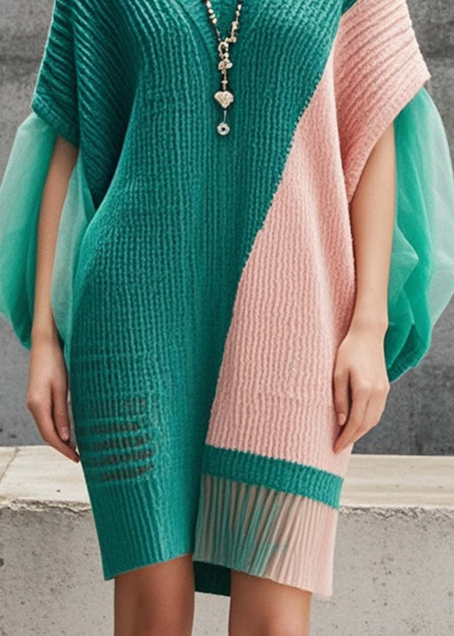 Tea Green Cold Shoulder Patchwork Tulle Long Sweater Fall