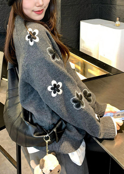Grey O Neck Knit Sweater Tops Fall