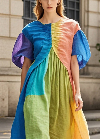 Colorblock Puff Sleeve Patchwork Wrinkled Cotton Long Dresses
