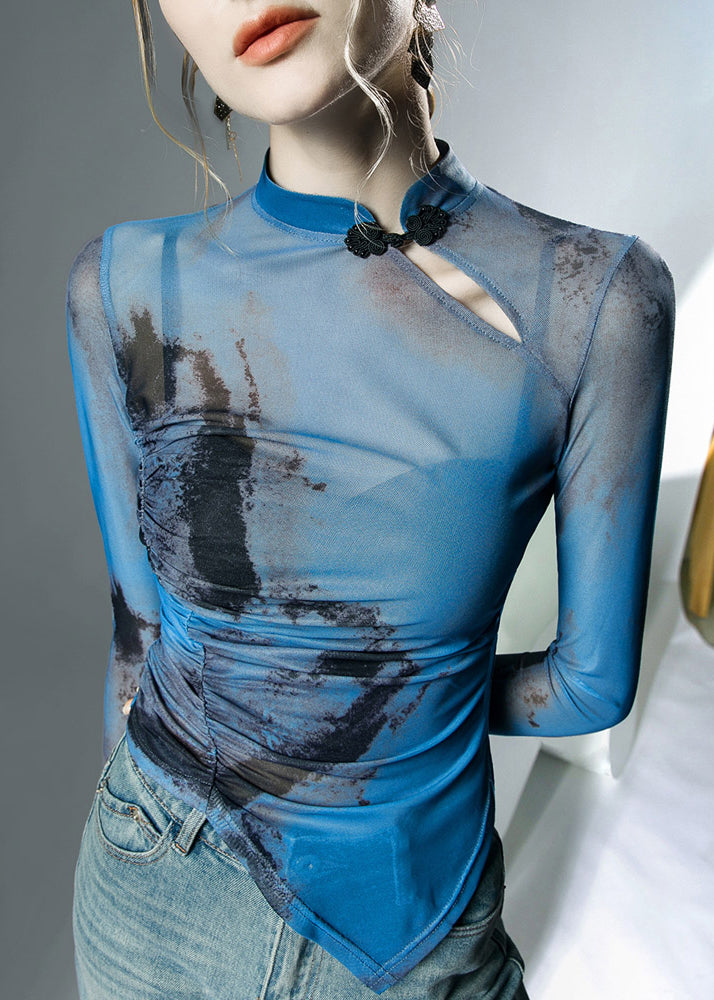 Blue Stand Collar Asymmetrical Print Tulle Tops Fall