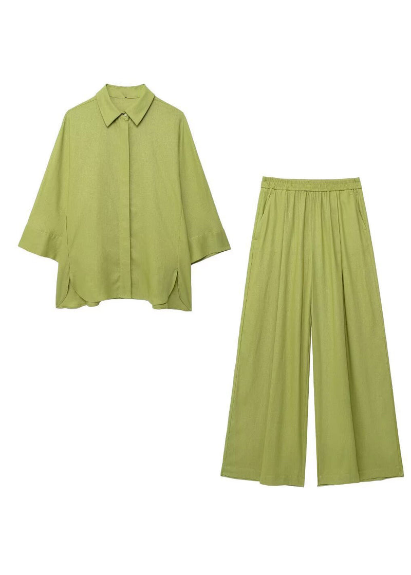 Green Tops and Pants Cotton Two-piece Set Fall