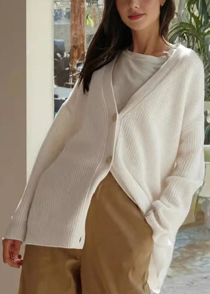 Simple Khaki V Neck Button Loose Knit Cardigan Fall